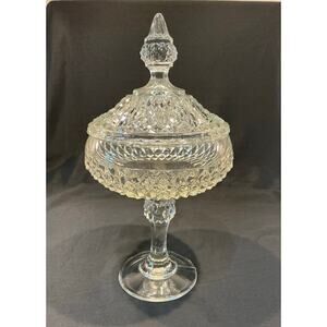 Vintage Indiana Glass Diamond Point Pedestal Compote Clear Candy Dish with Lid